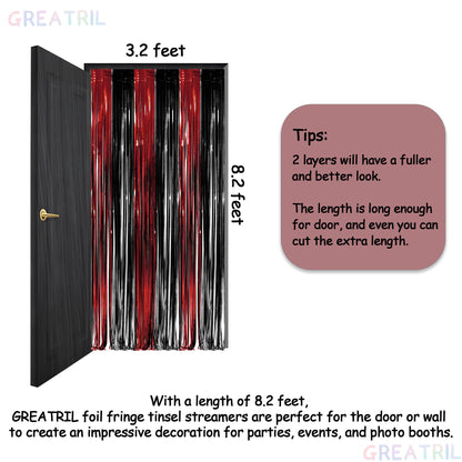 Black Red Party Streamers Backdrop - GREATRIL Foil Fringe Tinsel for Stranger/Friday Party/Halloween Party Decorations - 3.2ft X 8.2ft - 2 Packs