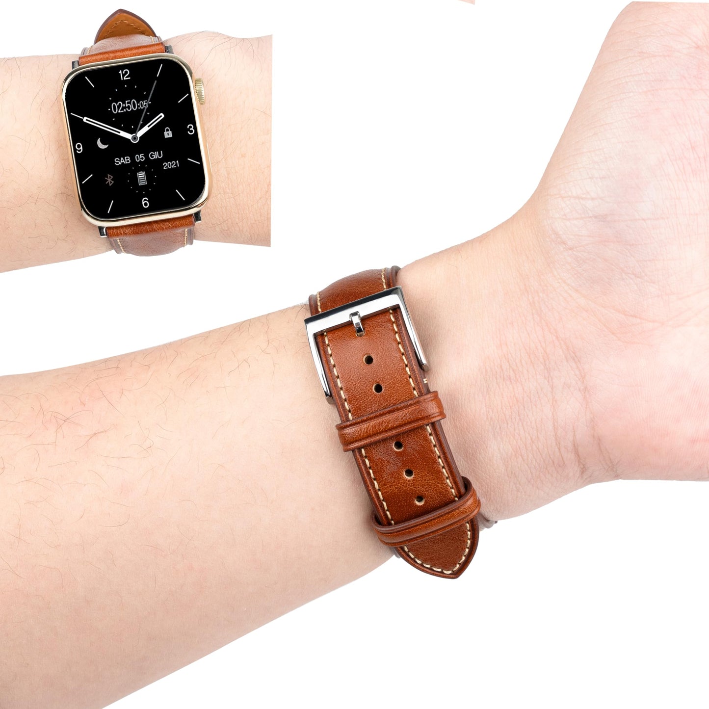 Gomvadr Leather Bands Compatible with Men's Apple Watch Band 49mm Ultra, Replacement Leather Strap for Mens iWatch Ultra 3/2/1 (Cognac/Silver, Ultra 2/1)