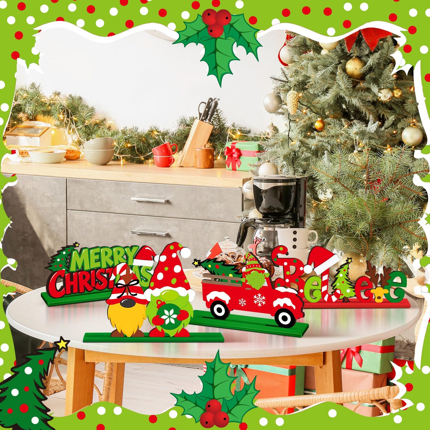 Realspring 6 Pcs Christmas Table Decorations Merry Christmas Wooden Centerpieces Table Decor Joy Wood Gingerbread Gnome Tabletop Xmas Tree Standing Signs for Home Winter Xmas Theme Party Supplies