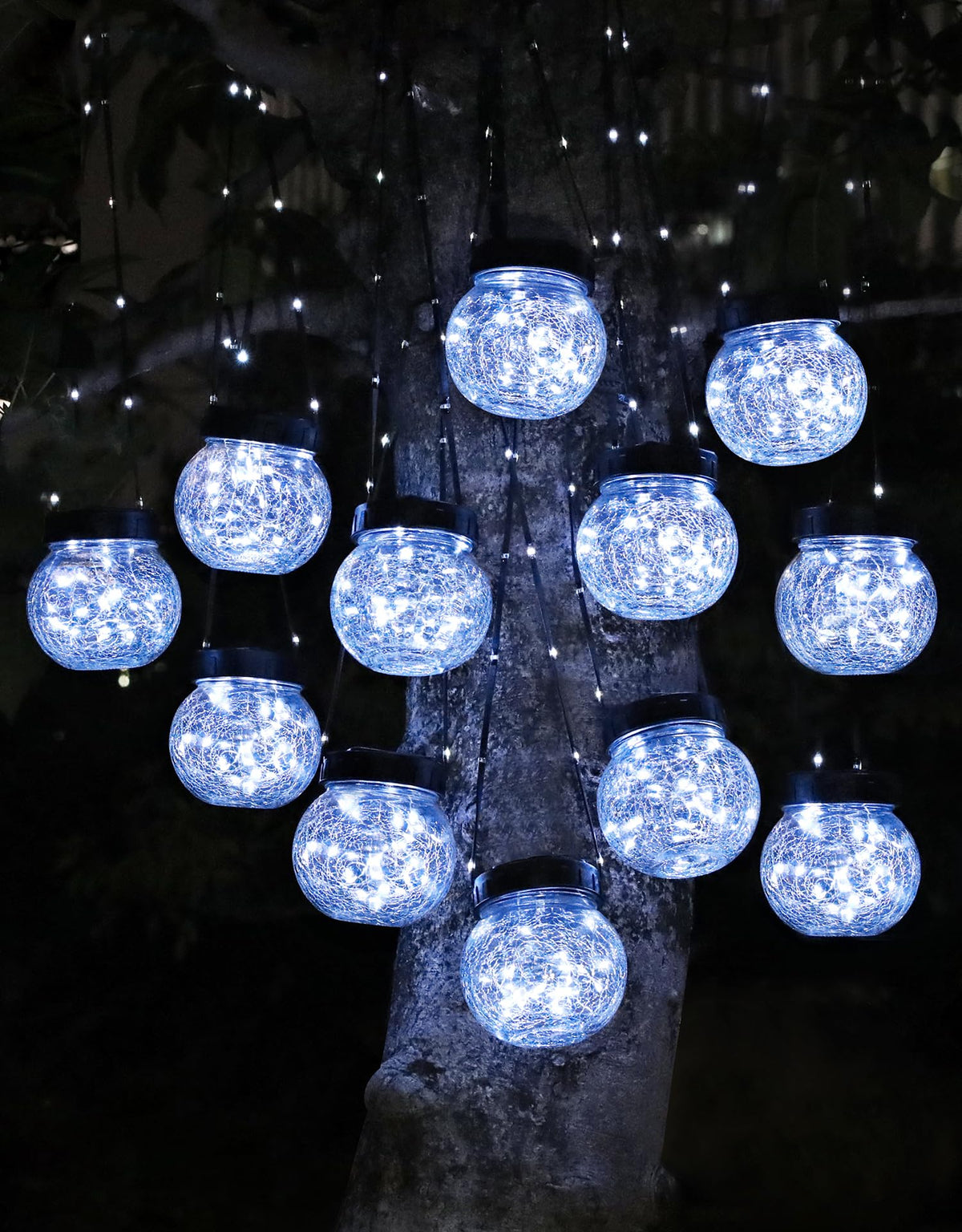 PARTPHONER Solar Lights Outdoor Waterproof 12-Pack, Solar Powered Hanging Lantern Cracked Glass Hanging Globes for Yard Decor Christmas Decoration, Shepherd Hook, Garden Tree Ornaments, Cold White