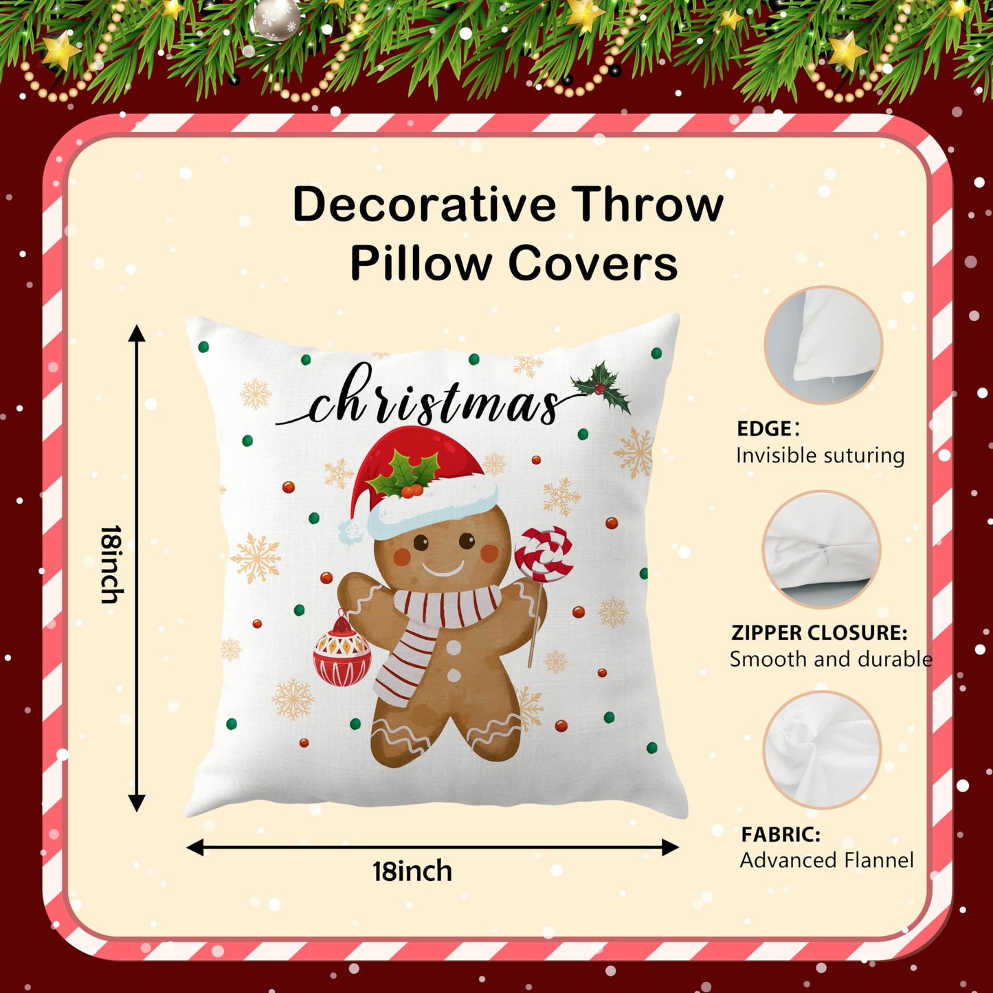 ROXMART Winter Christmas Gingerbread Pillow Covers 18x18 Set of 2, Gingerbread Christmas Decor, Holiday Winter Xmas Ginger Bread Decorative Pillow Covers for Couch Sofa Bedroom Living Room Home