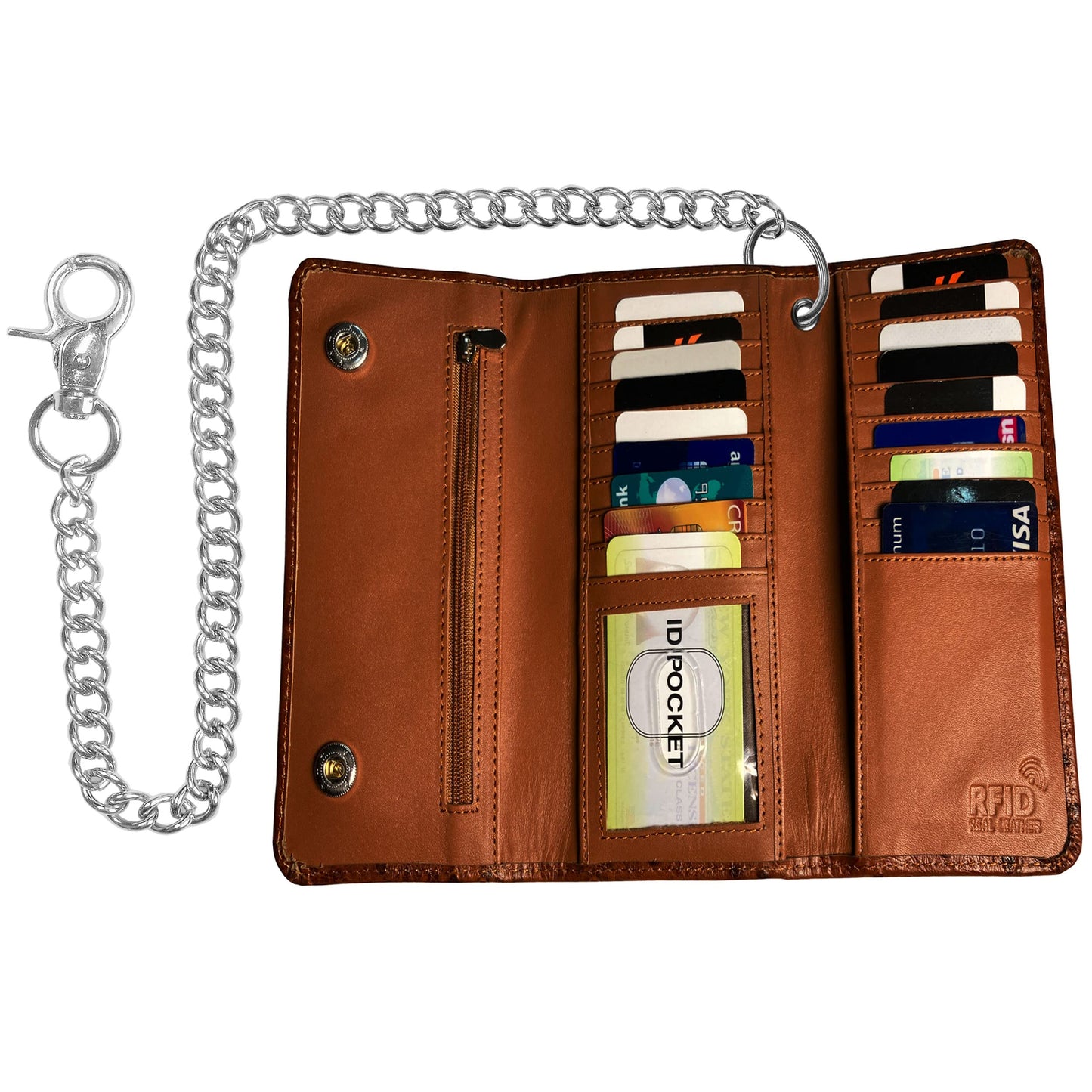 IBRO Motorcycle Chain Wallet for Men – Premium Cowhide Leather, RFID Tri-Fold Biker Wallet with Heavy Duty Chain for Bikers Truckers & Hunters, Credit Card Money Organizer Long Wallet Crocodile Brown