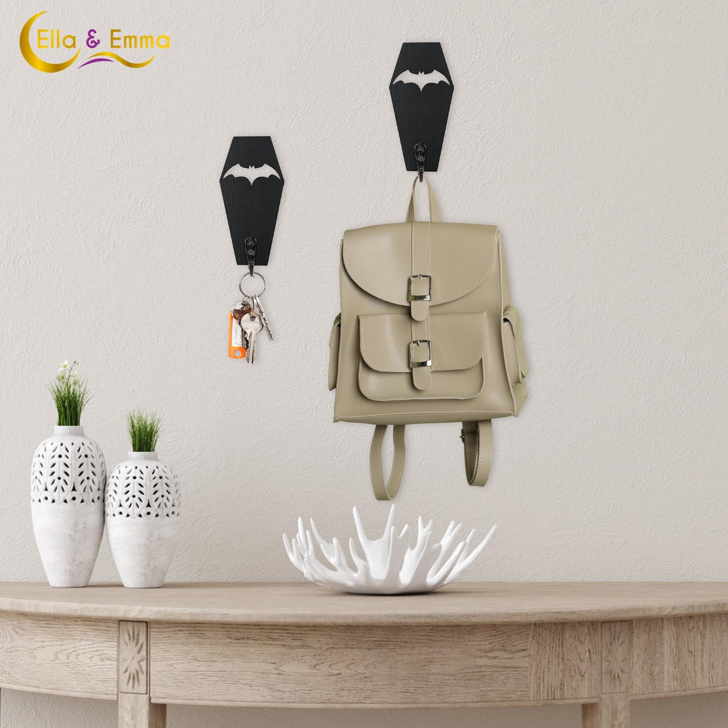 Ella & Emma Wall Mounted Coffin-Shaped Key Holder - Gothic Home Decor Wall Hanger with Hook - Gothic & Spooky Halloween Decor for Home - 2 Pieces (COFFIN & BAT)