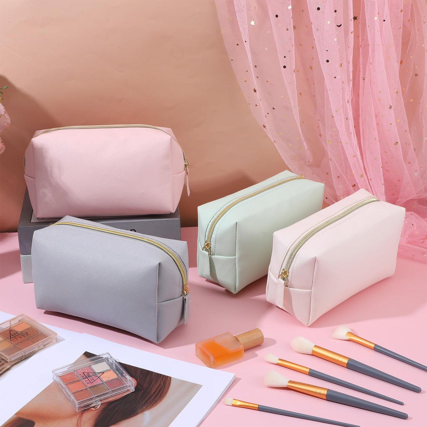 hidyuuoo 8 Pcs Makeup Bag Pu Leather Cosmetic Pouch Waterproof Small Toiletry Bag Portable Cosmetic Organizer Water Resistant Storage Purse for Lady Women Daily Storage Travel Organizer (Medium)
