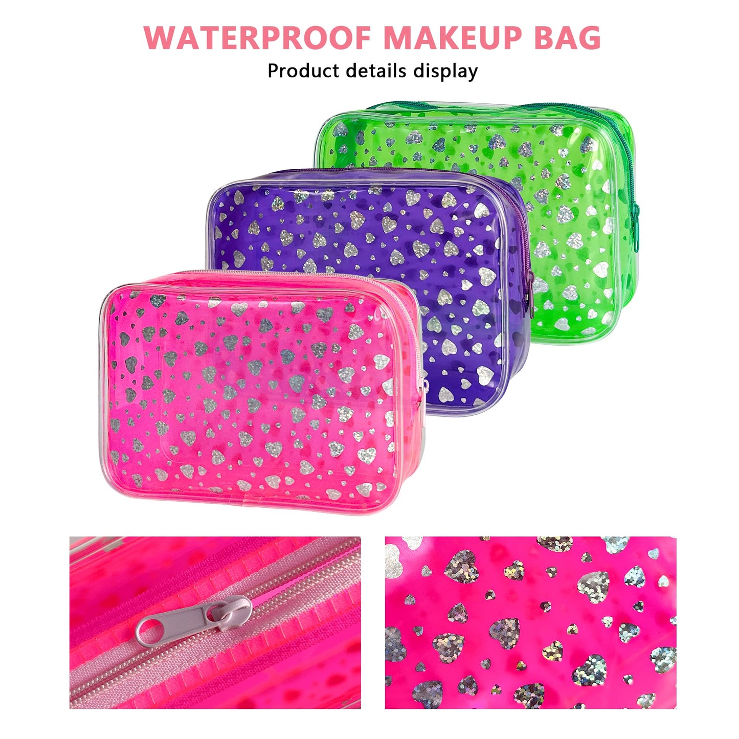 TotePrint Neon 2set TSA Approved Clear Toiletry Pouch, 7"x2.3"x4.7" Size, PVC Travel Makeup Bags for Toiletries, Transparent Cosmetic Bag for Women and Men Small (Heart +Purple)
