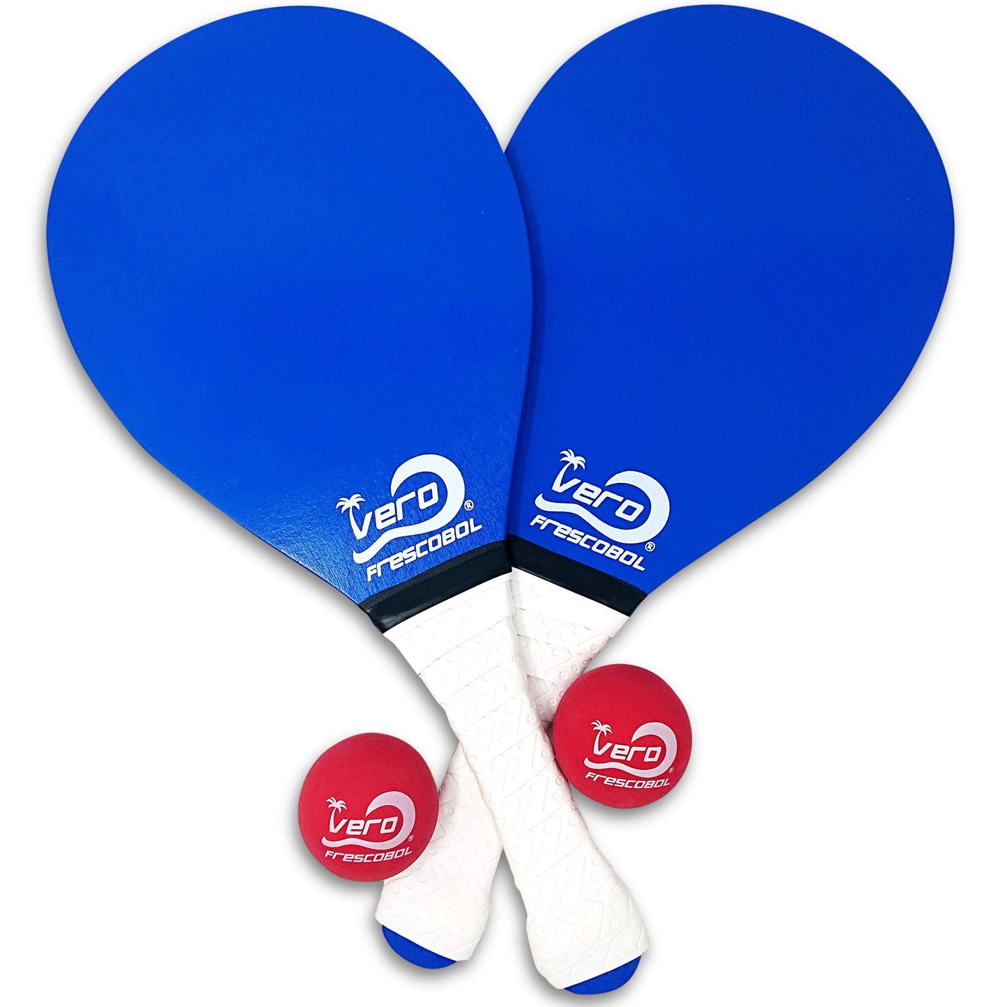 Frescobol Starter Set – 2 Vero Wood Beach Paddles with Premium White Padded Grips, Neoprene Carry Case, 2 Official Red Balls