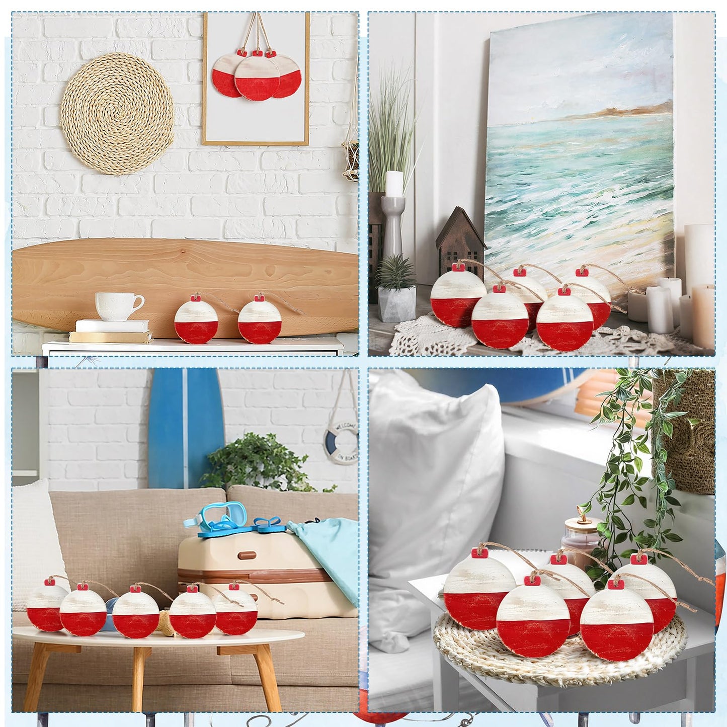 Threehoney 5 Pcs Fishing Bobbers Floats Table Decorations Red and White Wooden Bobbers Decor 4 x 3.5 Inch Farmhouse Wood Summer Table Centerpieces for Fishing Birthday Party Nautical Lake House Decor