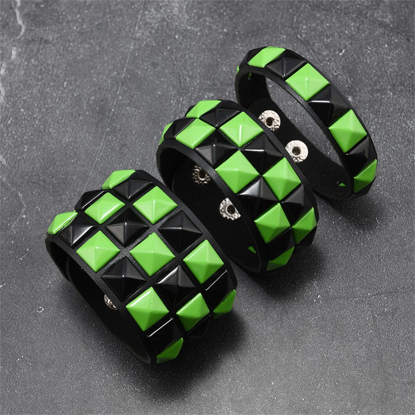Dreuyet 3 Piece Checkered Leather Bracelet Set Black White PU Wristband Adjustable Gothic Punk Style Halloween Accessories for Men Women (Black Green)