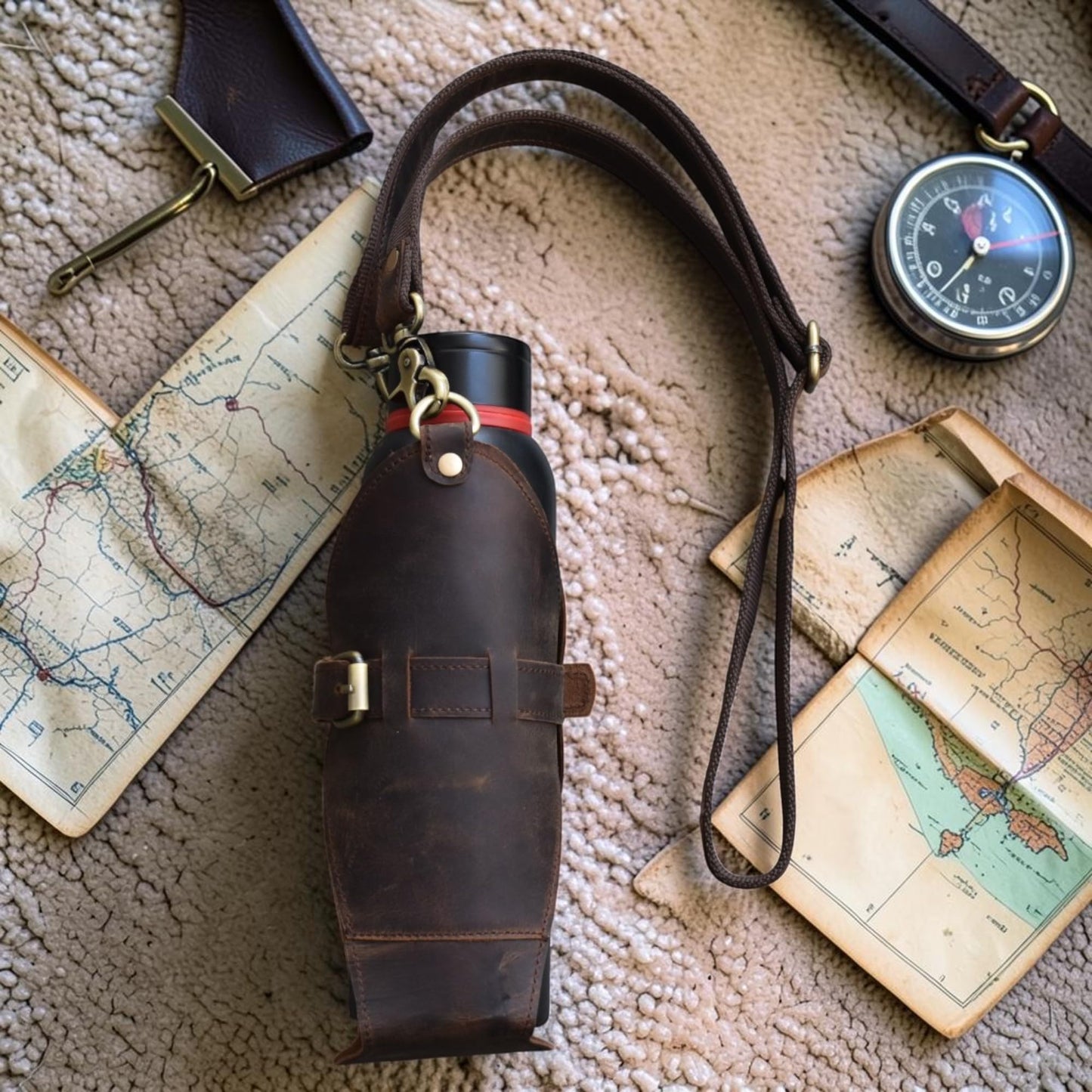 Leather Water Bottle Holder with Strap, Heavy Duty Brass Crossbody Brown Sling Bag, 1 Liter Universal Tumbler Carrier for Travel, Hiking, Walking & Camping (Bottle Excluded)