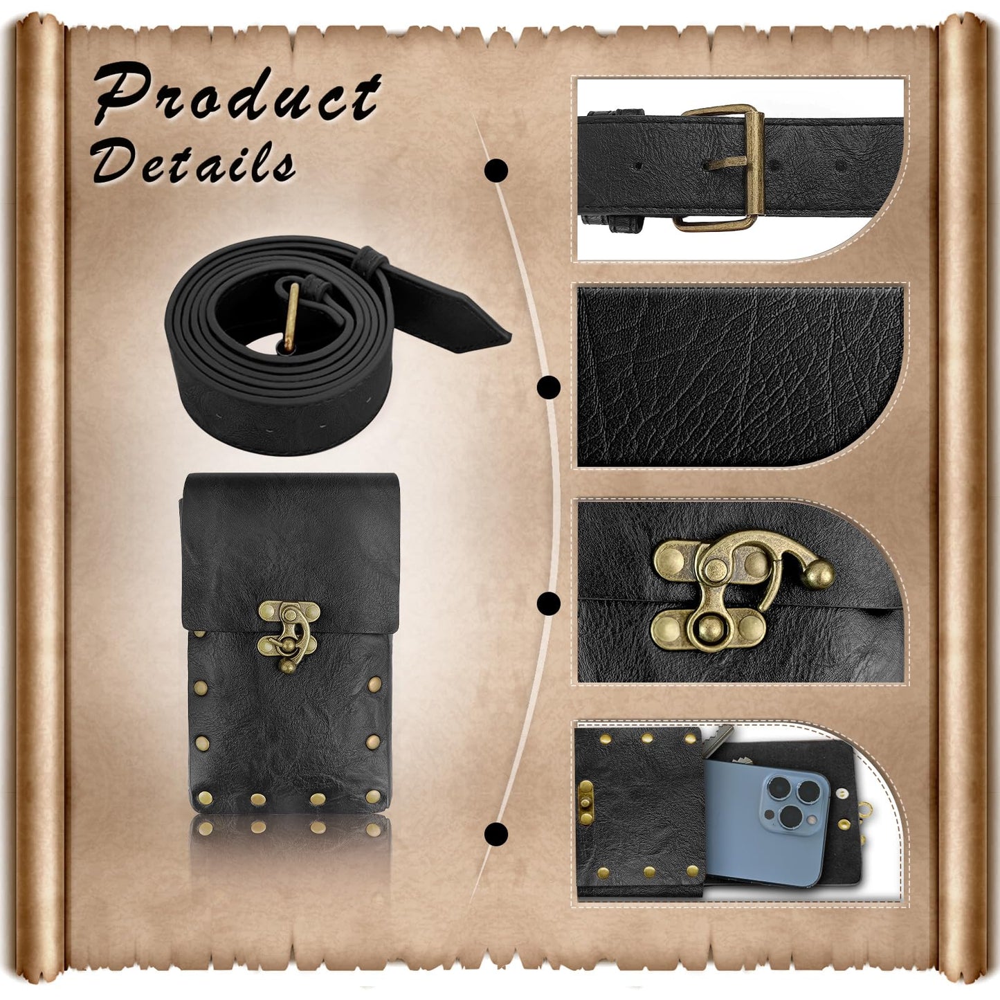 FunMular Renaissance Accessories Costume Women Belt Pouch Medieval Viking Potion Bottles Leather Belt Leaf Skirt Hikes (Black Set)