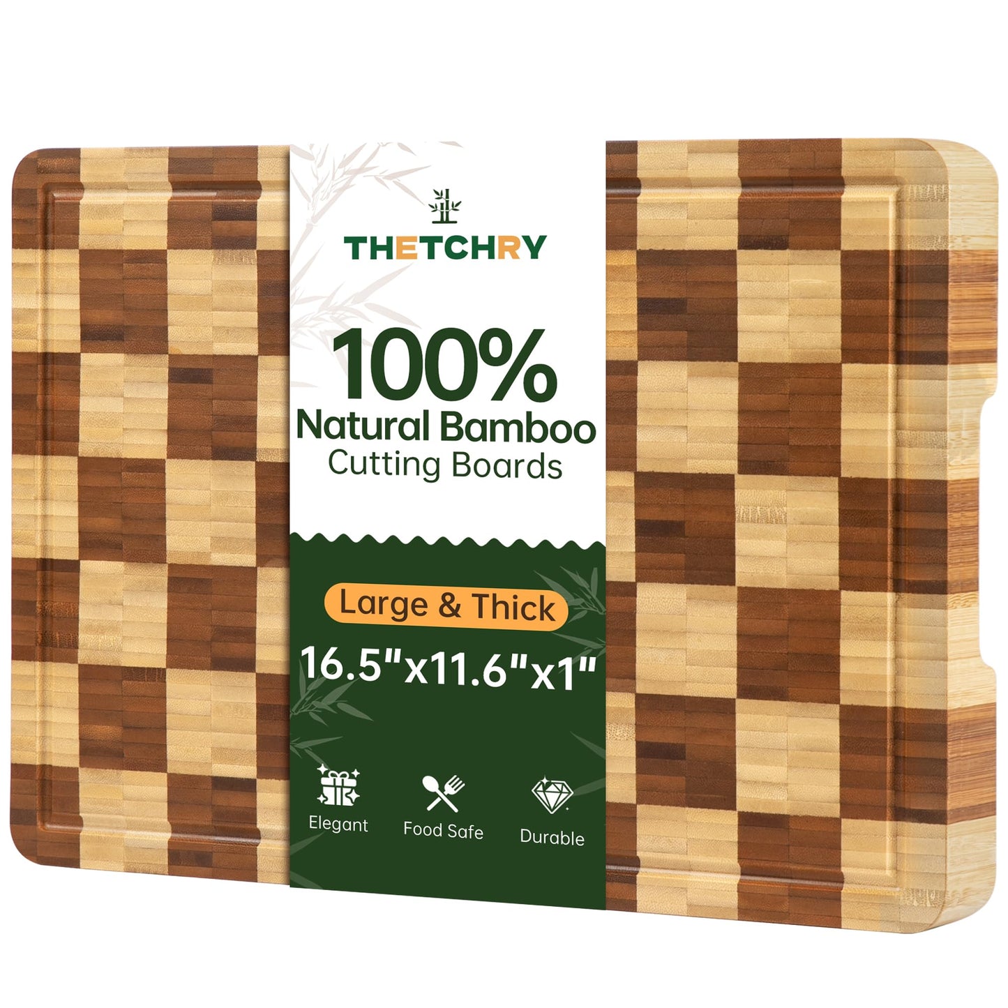 Bamboo Cutting Boards for Kitchen, End Grain Wood Cutting Board with Juice Grooves & Handles, Charcuterie Checkered Chopping Board Thick Butcher Block Serving Tray with Gift Box, 16.5"×11.6"× 1"