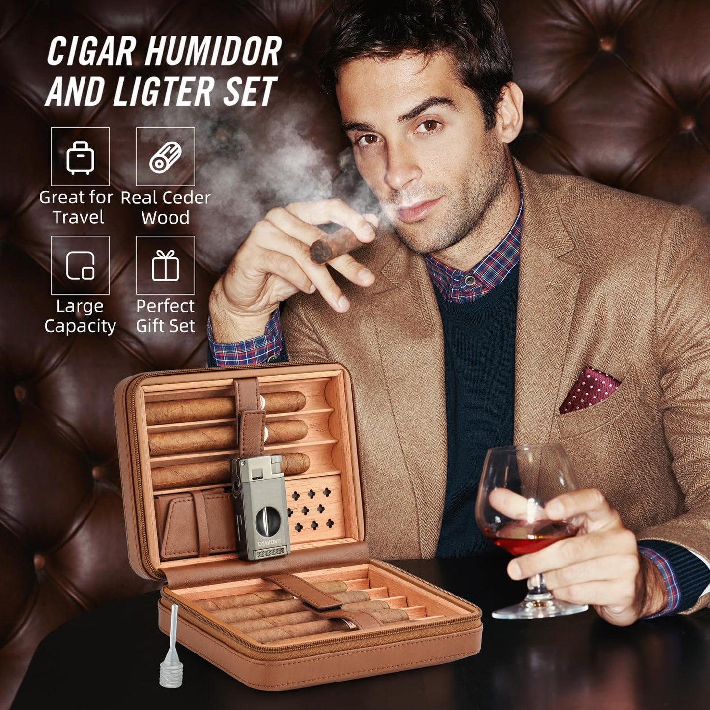 OTAKOKIT Portable Cigar Humidor, Leather Cedar Wood Cigar Case with Cigar Lighter, V Cut Cigar Cutter, Cigar Punch 3 in 1, Travel Cigar Humidor Box 8 Cigars with Humidifier, Brown