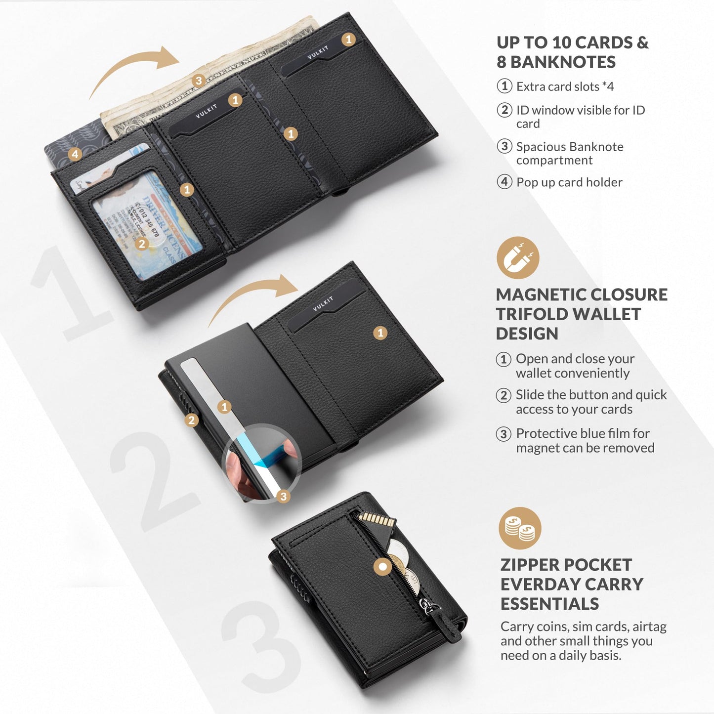 VULKIT Card Holder Wallet with Coin Pocket Magnetic Closure Pop Up Cards With ID Window Leather Wallet for Cash & Credit Cards, Grain Black