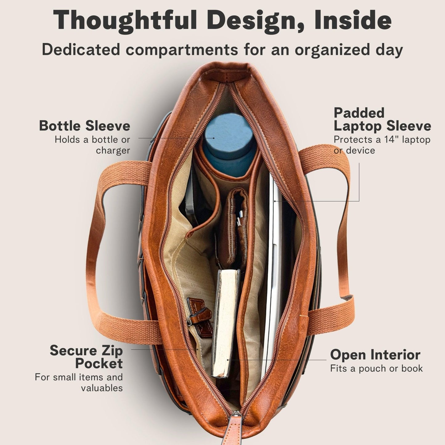 Laptop Bag for Women - 14" Vegan Leather Computer Bags for Laptops for Women - Padded Compartment - Leather Tote