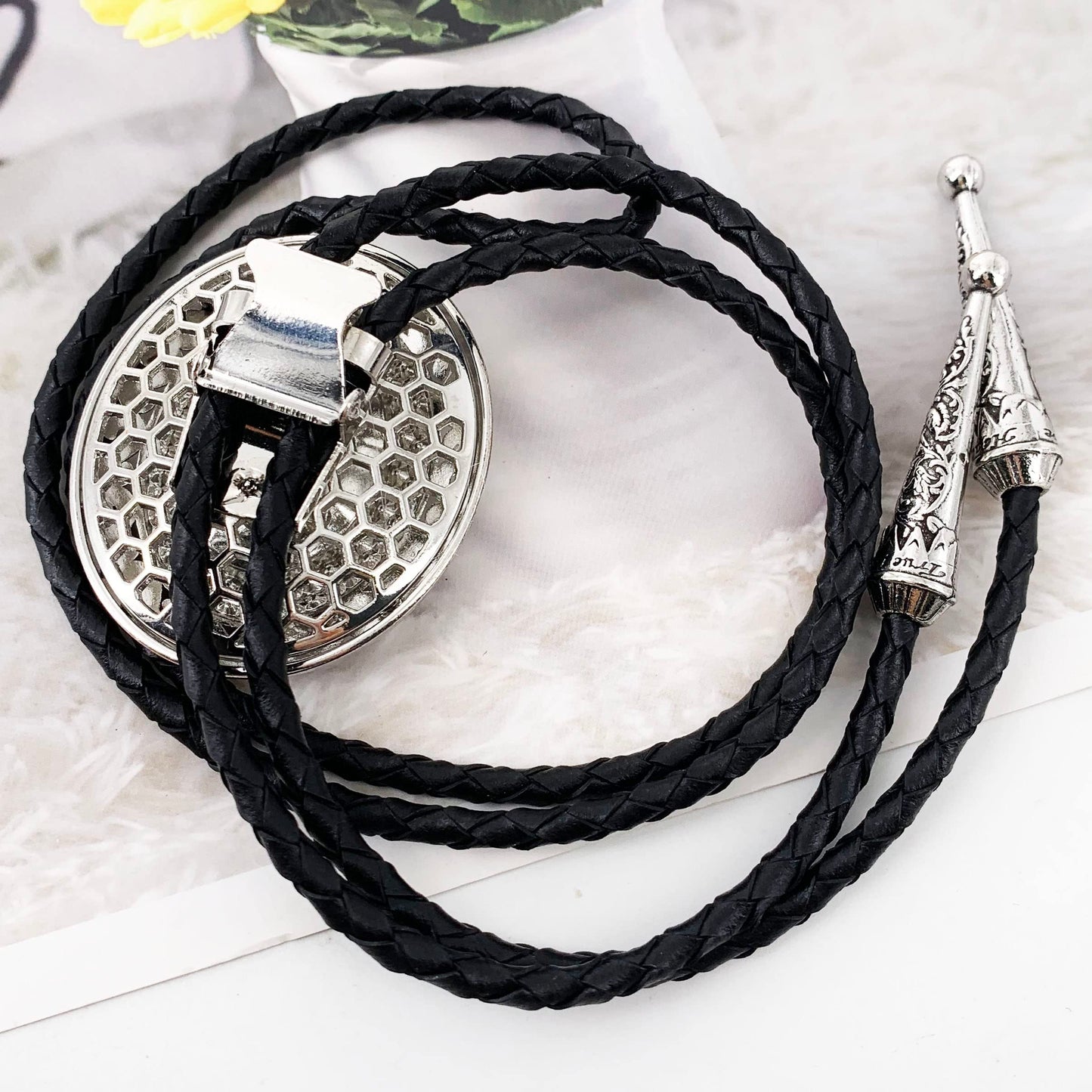 SELOVO Western Statement Big Grey Rhinestone Native American Large Bolo Tie for Men Genuine Leather