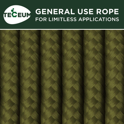 TECEUM Rope – 90 Feet x 1/4 Inch (7mm) – Army Green – Strong All-Purpose Utility Rope – Camping, Crafting, Flag Pole, Indoor & Outdoor – Polypropylene Nylon Poly Lightweight Diamond Braided Cord