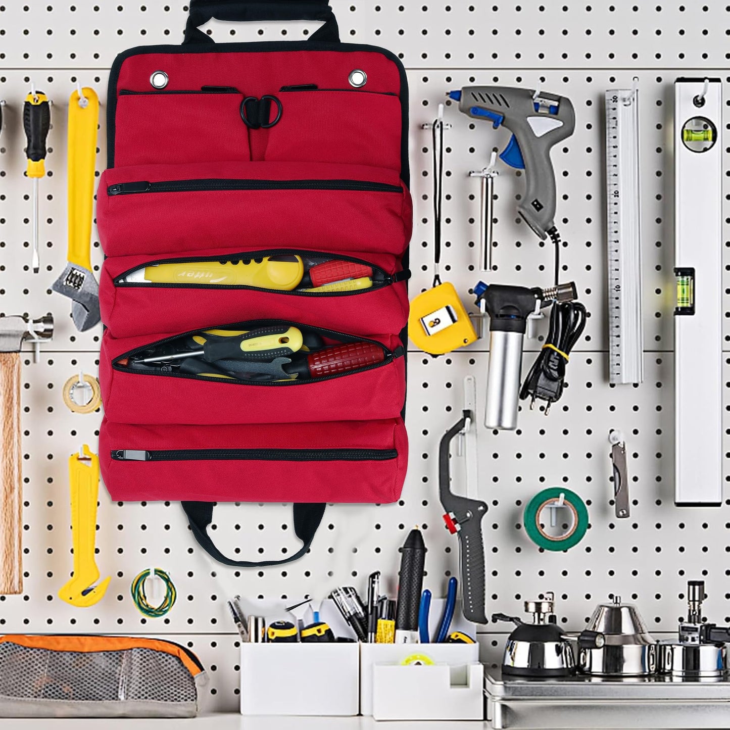 W WINTMING Tool Roll Bag, Tool Bag Organizer, Tool Carrier Roll UP Storage Pouches with 6 Zipper Pockets & Strap, Gifts for Men Mechanic Electrician Hobbyist (Red)