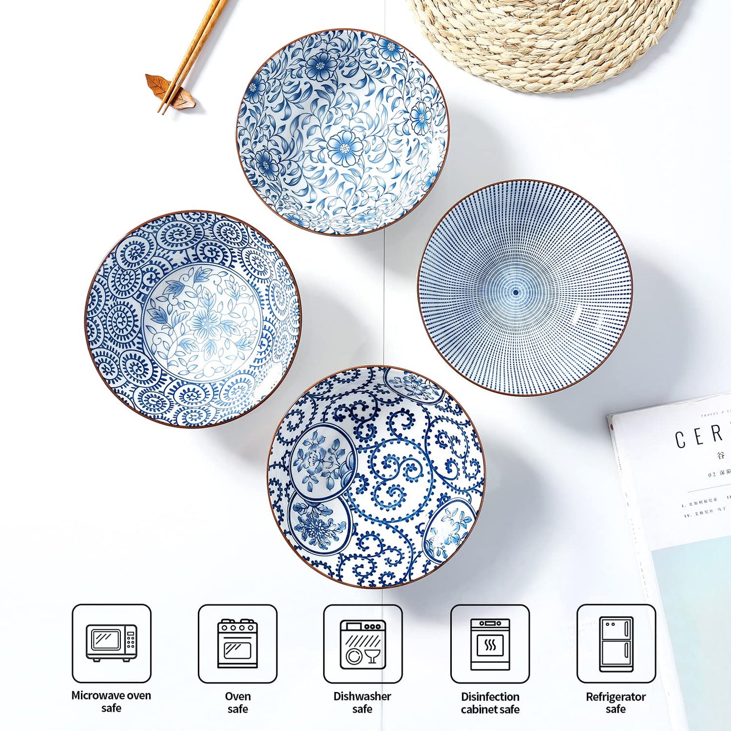 YALONG Ceramic 40 Oz Ramen Bowls Set of 4, 8 Inch Soup Bowls for Pho,Noodle,Salad, Pasta and Serving, Blue and White Japanese, Microwave and Dishwasher Safe