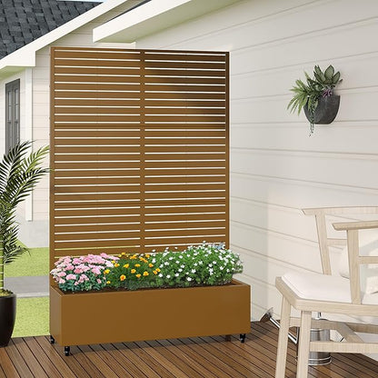 Casaphoria Metal Raised Garden Bed with Trellis and Wheels, 72"x47"x16" Planter Box for Climbing Plants, Vegetables & Vines, Features Drainage Holes and Privacy Screen (Brown-Louvered)