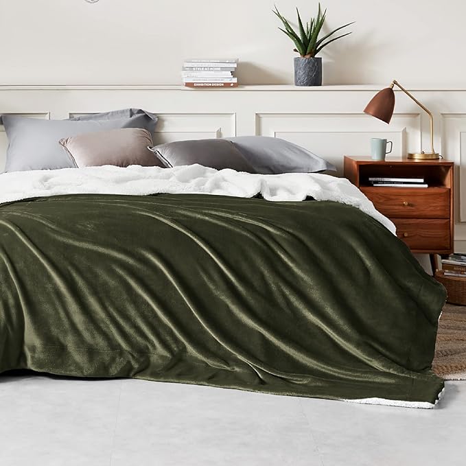 Bedsure GentleSoft Sherpa Fleece Blankets Queen Size for Bed - Thick and Warm Throw for Men, Soft Fuzzy Plush Queen Blanket for Winter, Olive Green, 90x90 Inches