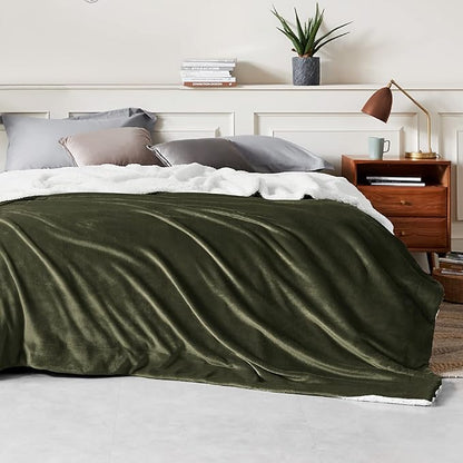 Bedsure GentleSoft Sherpa Fleece Blankets Queen Size for Bed - Thick and Warm Throw for Men, Soft Fuzzy Plush Queen Blanket for Winter, Olive Green, 90x90 Inches