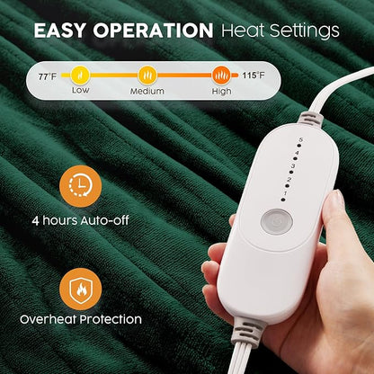 HYLEORY Heated Electric Blanket Full 72"x84" Soft Fleece & Flannel with 5 Heating Levels & 10 Hours Timer Auto Shutt Off, ETL Certified, Washable，Heated Blanket for Body-Dark Green
