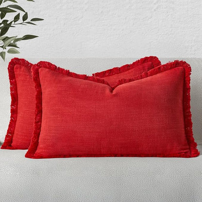 MIULEE Christmas Decorative Lumbar Throw Pillow Covers Neutral Linen Fringe Throw Pillows Set of 2 Red Boho Farmhouse Cushion Covers with Tassels for Couch Sofa Bed Living Room Home Decor 12x20 Inch