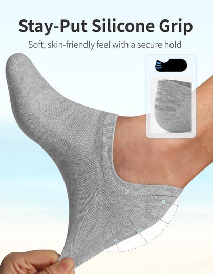 CLOSEMATE Mens No Show Socks Cotton Thin High Elasticity Low Cut Ankle Socks with Non Slip Grips 6 Pairs (6Grey, Size XL)