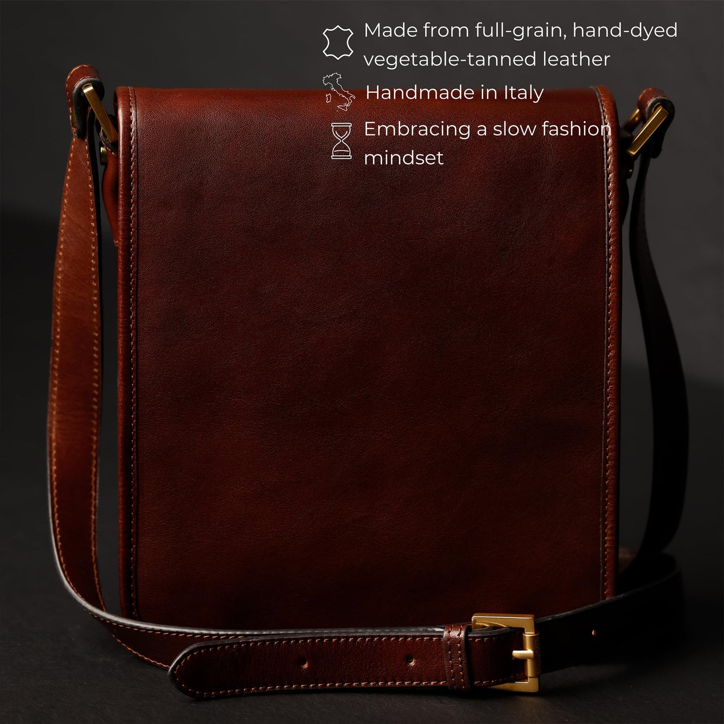 Time Resistance Italian Leather Messenger Bag for Men - Full Grain Crossbody, Tablet-Sized Shoulder Bag (Brown)