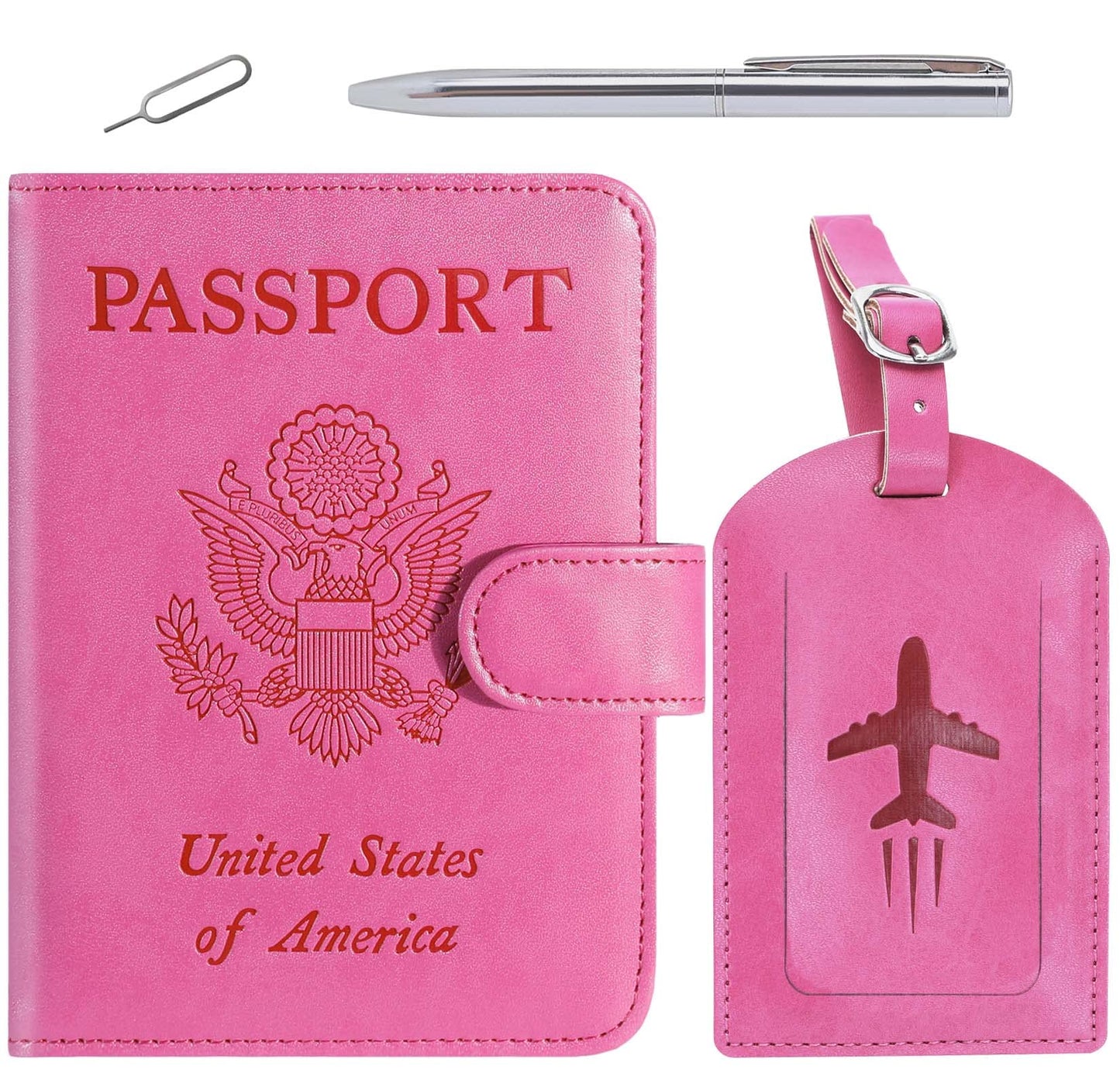 Passport Holder With Luggage Tag Cover Wallet RFID Blocking Leather Case Travel Essentials Accessories Travel Must Have(114#Pink)