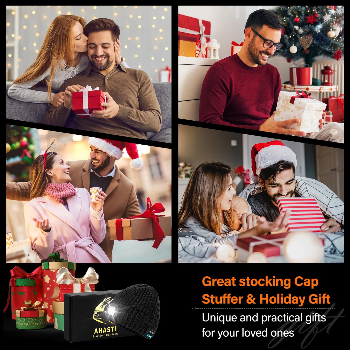 AHASTI 2 Pack Bluetooth Beanie Hat with Light for Men, Rechargeable LED Beanie with Light, Headlamp Cap Wireless Headphones, Christmas Gifts for Teens Stocking Stuffers for Men Dad（Black&Gray）