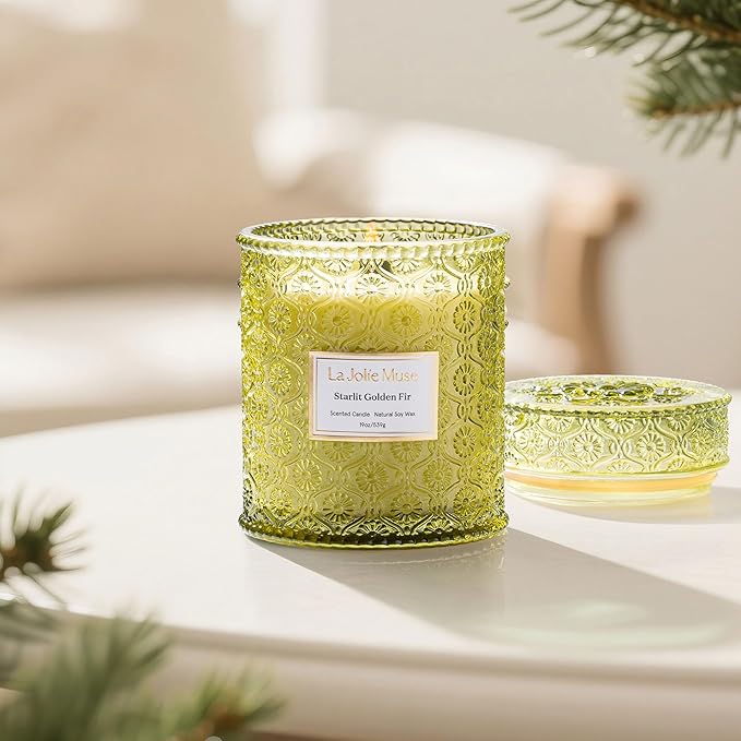 LA JOLIE MUSE Christmas Candles, Starlit Golden Fir Candle – Pine, Cedarwood, Fir Balsam | 19 oz Large Wooden Wick Candle | Natural Soy Wax | 90 Hours Clean Burn | Gift-Ready for Hosts & Gatherings