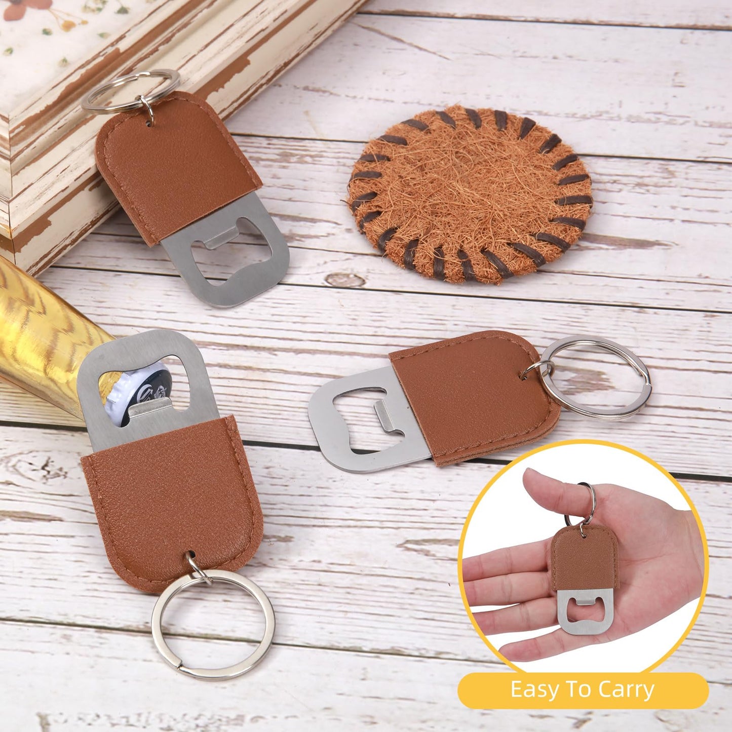 Yugada 100 Pack Leather Bottle Opener Keychain Stainless Steel Flat Beer Opener Keychain DIY Beverage Beer Bottle Openers for Party Favor Bartender Bar Restaurant