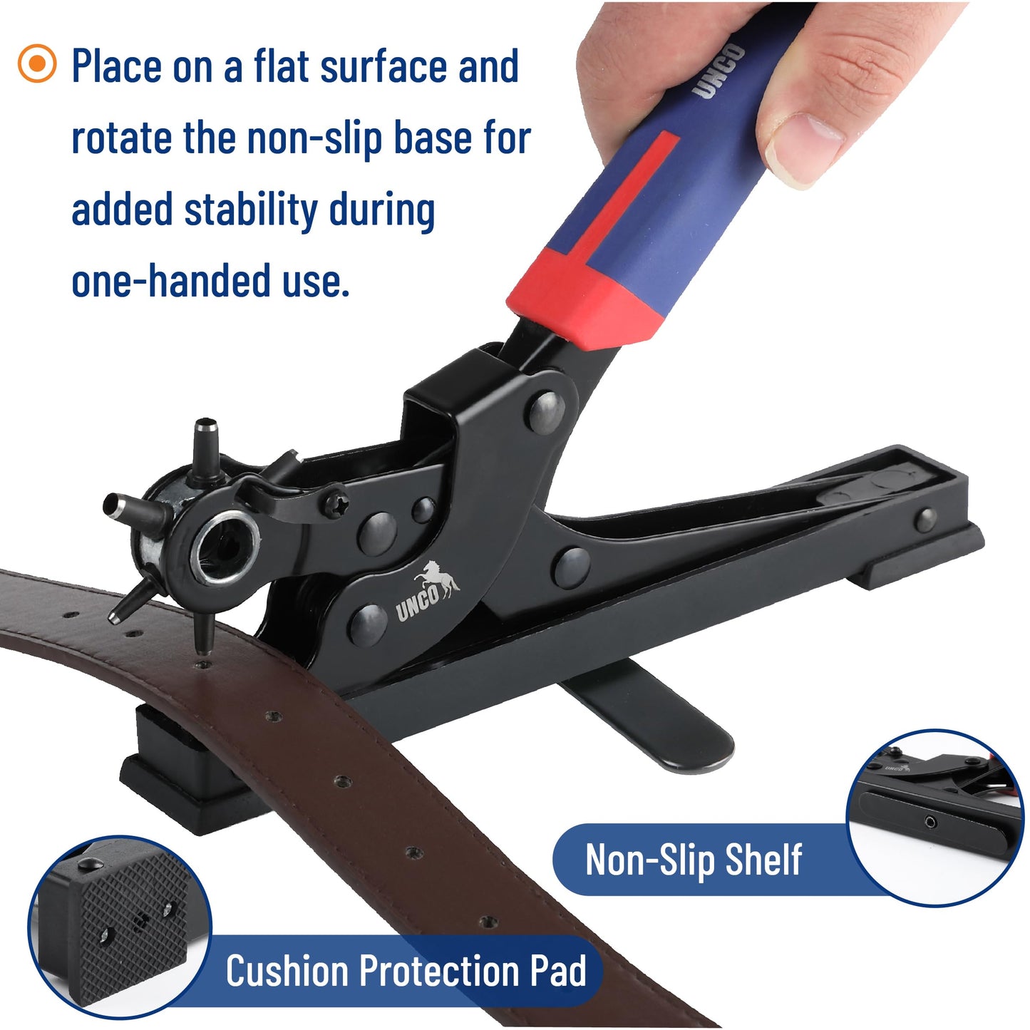 UNCO- Desktop Leather Hole Punch Tool, 6 Punch Sizes, Belt Hole Puncher for Leather, Dog Collars, Watch Straps, Footwear, Fashion Accessories and Crafting