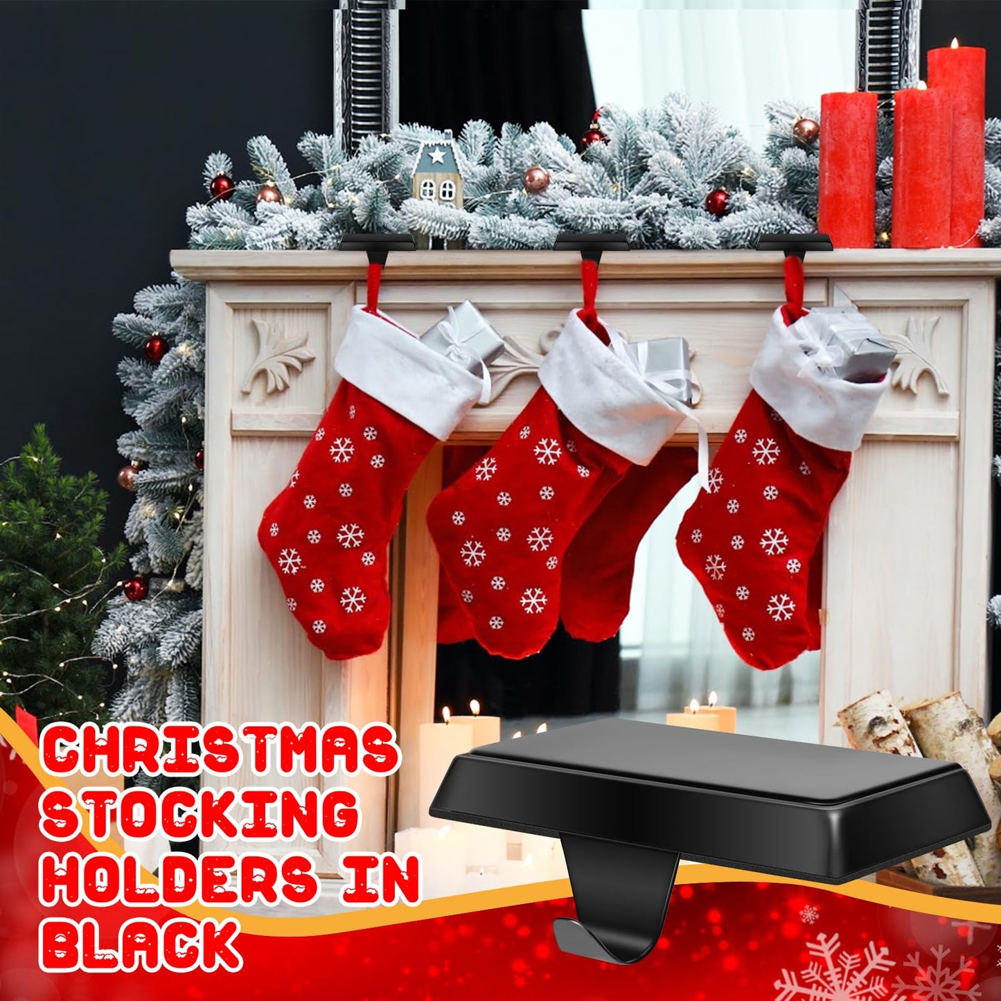 ToiULik Set of 4 Metal Christmas Stocking Holders for Mantle Heavy Duty Stocking Hangers Stocking Hook Christmas Ornaments for Counter Tables Window Fireplace Mantle Decoration(Black)