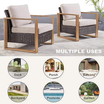 Rilyson Outdoor Wicker Patio Furniture Set - 5 Piece Patio Conversation Set with 2 Wicker Armrest Chairs,2 Rattan Ottoman, 1 Side Table, Sturdy Frame, Thick Cushions, Deep Seating(Brown/Beige)