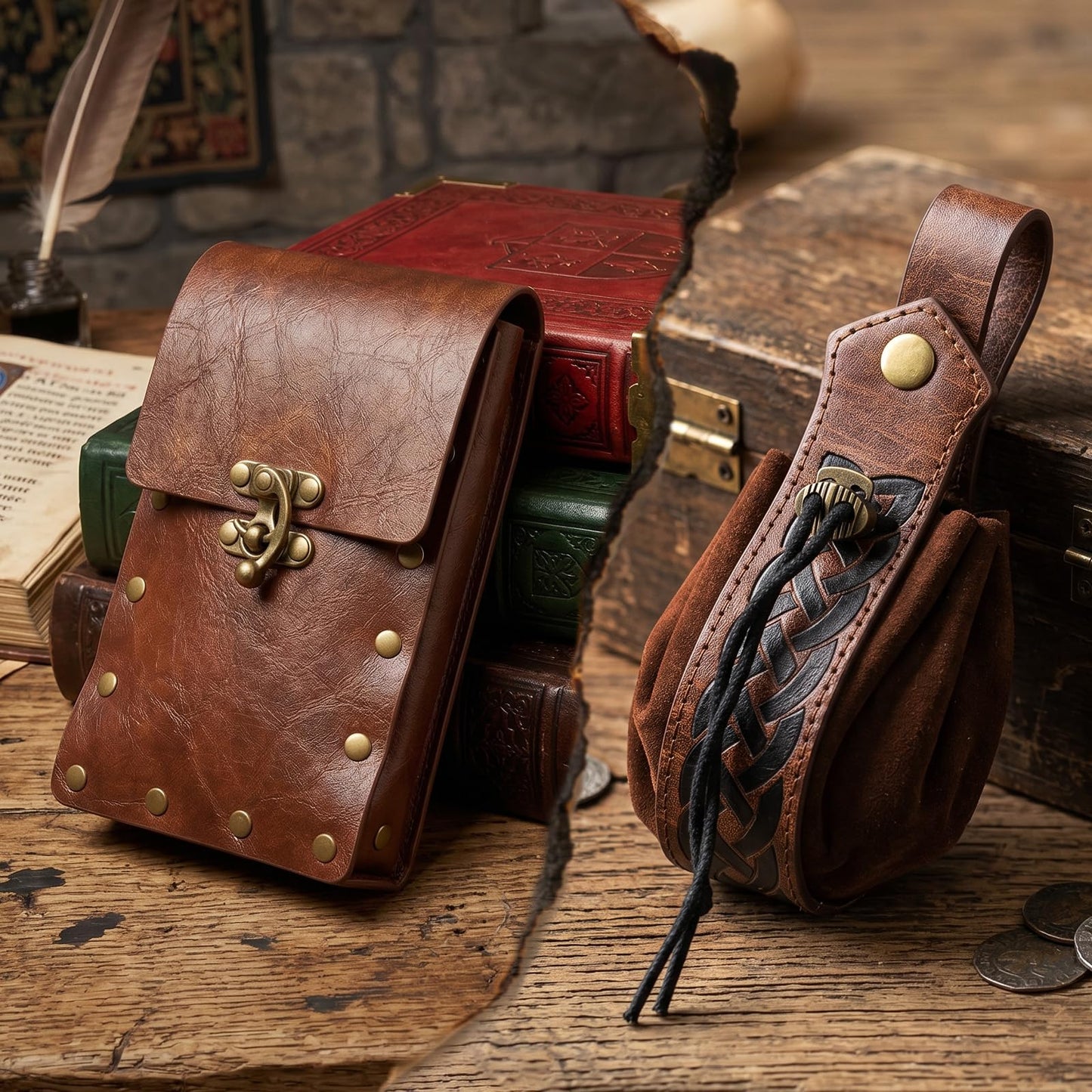 Renaissance Medieval Belt Pouch Set - Medieval Accessories with Pirate Belt Waist Bag Purse for Halloween & Cosplay (Brown-A)