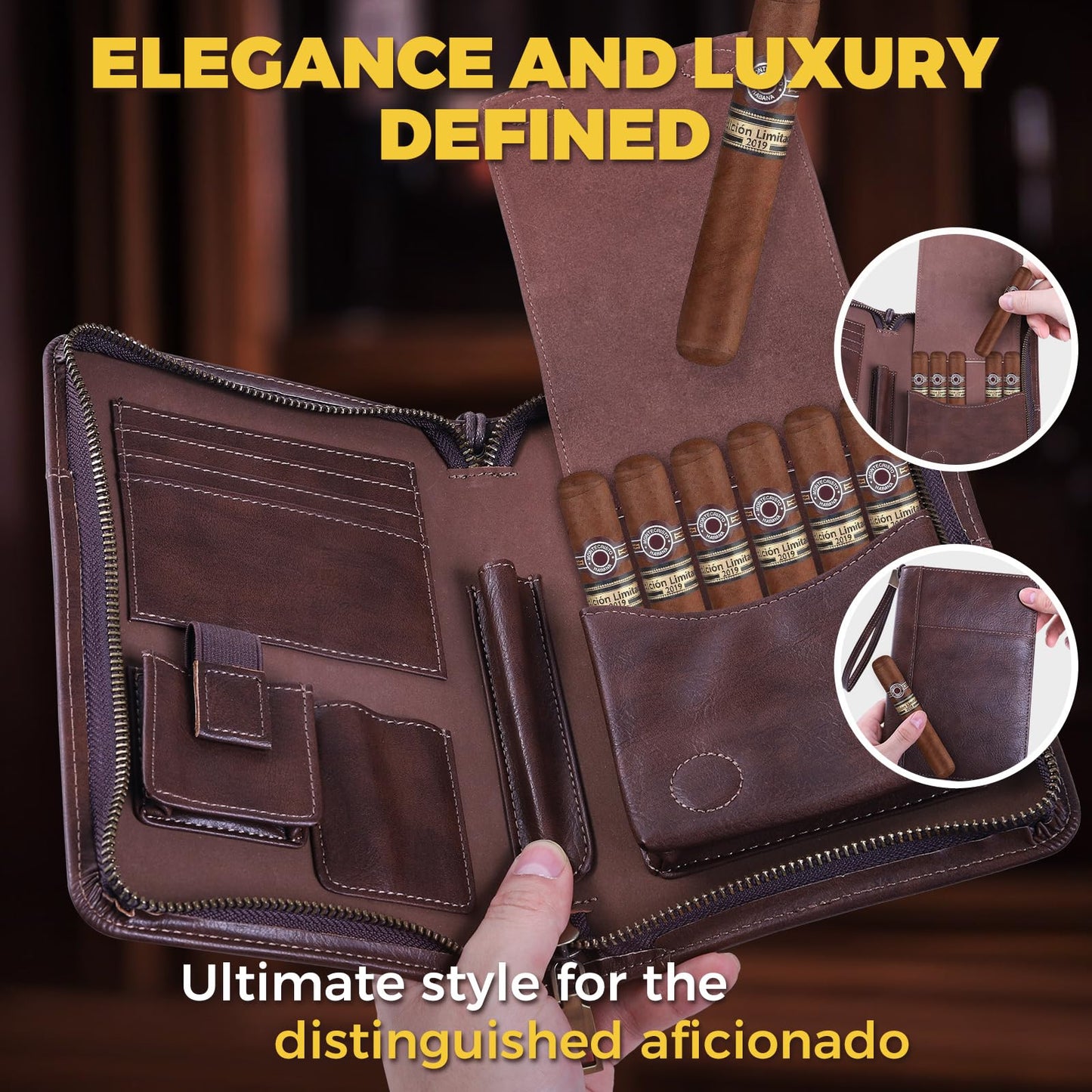 MCKDERWRILL Portable Travel Leather Cigar Case, Handmade Full Grain Leather Cigar Box, Holds 5-6 Cigars, Cigar Humidor, Cigar Accessories for Men Gift