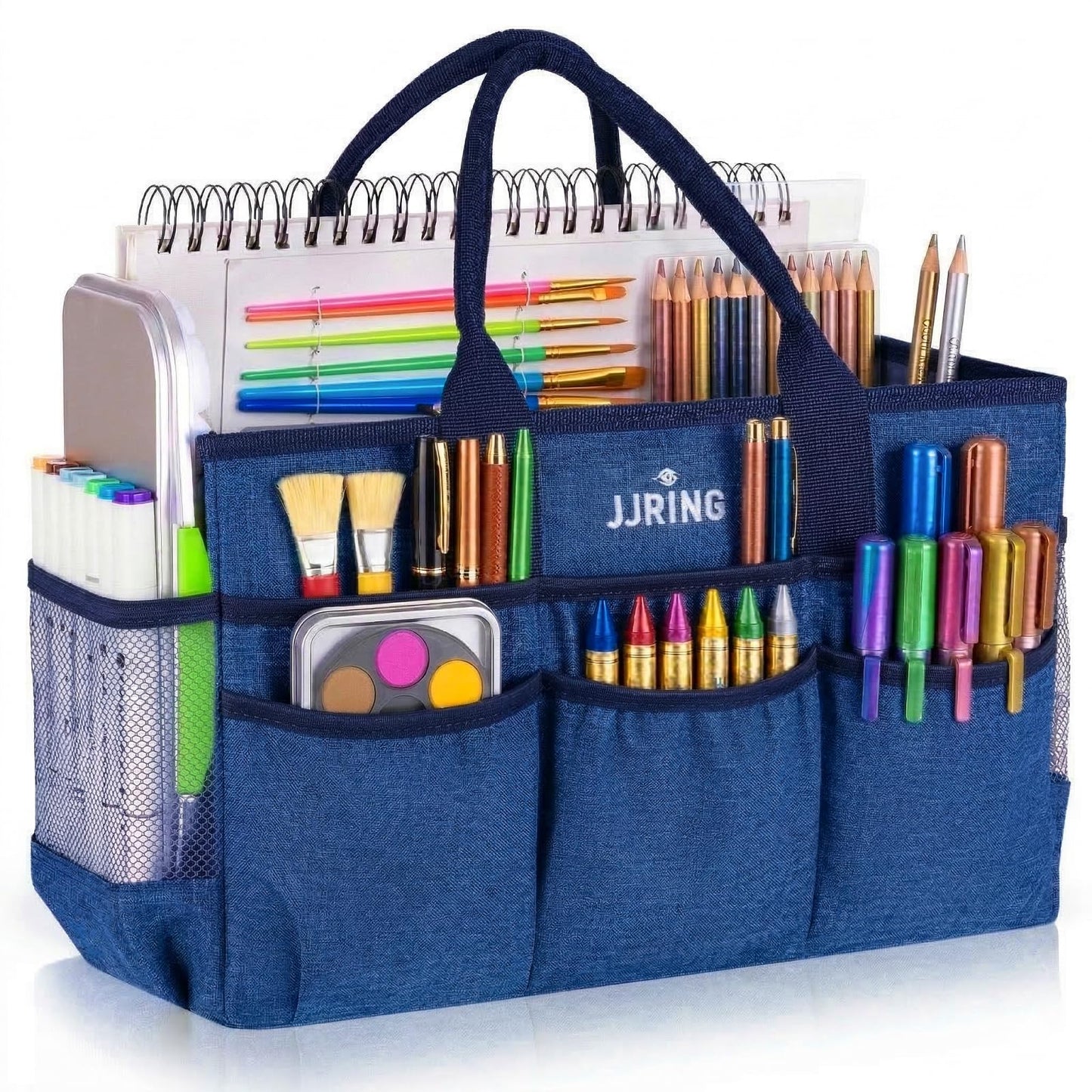 JJRING Large Art Supply Storage Tote Bag With 2 Mesh Side Pockets & Front Elastic Pockets – Sturdy Craft Organizer Caddy with Reinforced Bottom For Sewing, Scrapbooking, Teachers & Artists(Blue)