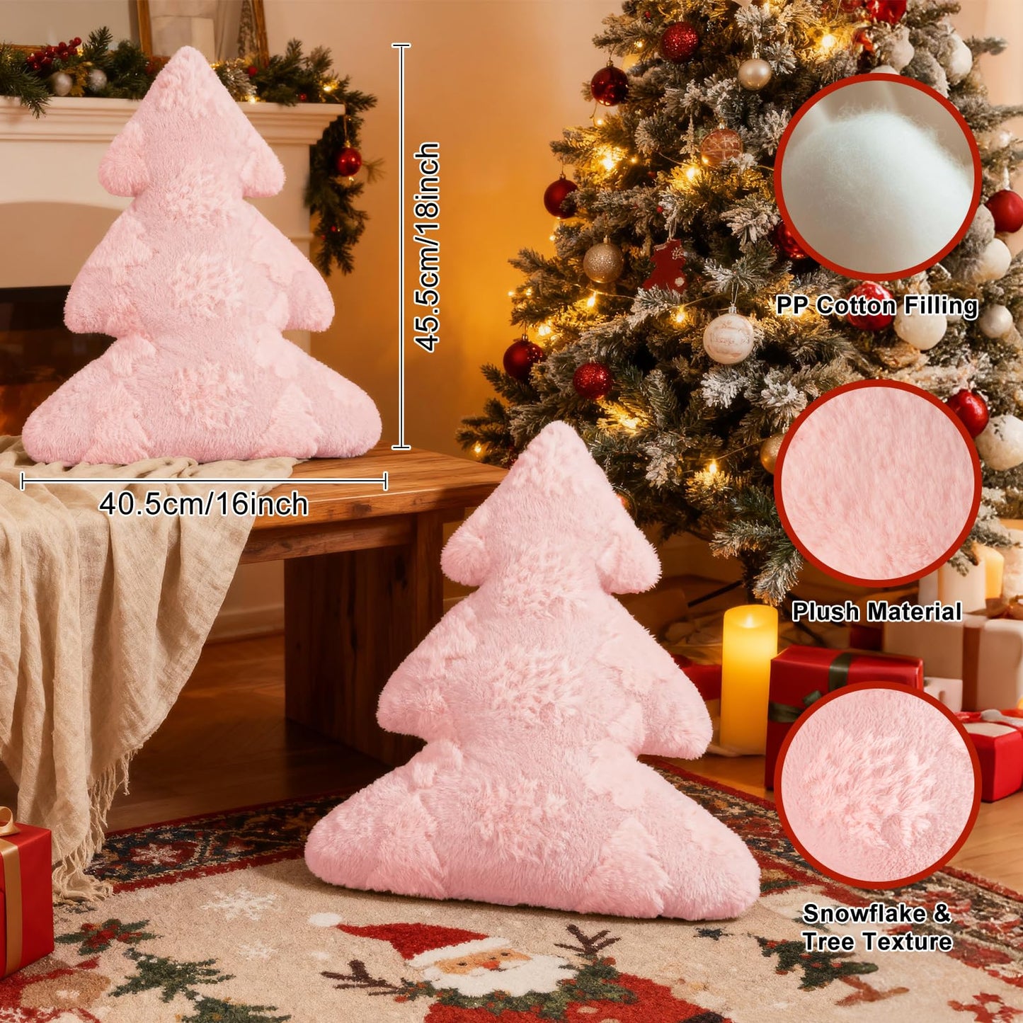 Lanpn Christmas Tree Pillows Set of 2, Snowflake & Tree Christmas Decoration Winter Soft Cute 3D Shaped Xmas Tree Throw Cushion for Sofa Bedroom Xmas Decor (18x16 inch, Pink)