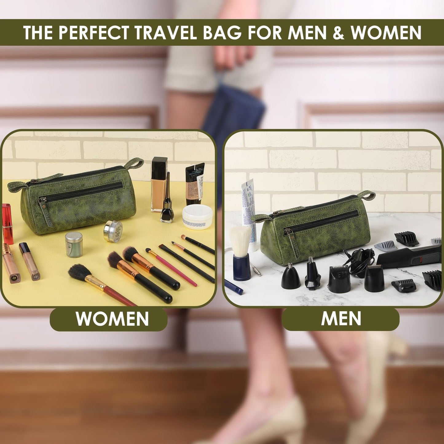 TheAntiq Leather Makeup Bag for Women – Genuine Leather Cosmetic Bag Travel, Handmade Zippered Makeup Pouch, Small Toiletry Bag, Shaving Kit & Stationery Organizer- Forest Green