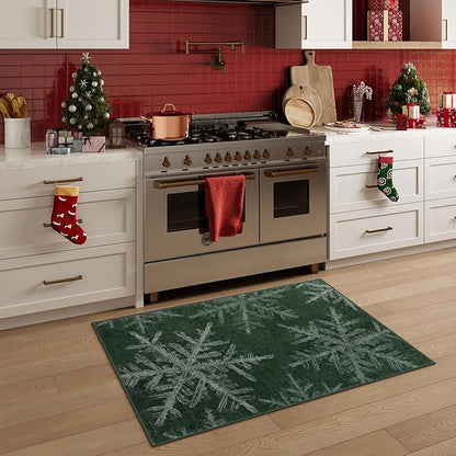 Lahome Snowflake Christmas Kitchen Rugs, 2x3 Washable Christmas Door Mat Indoor Non Slip Green Rugs for Entryway, Soft Small Rugs Holiday Decor Carpet for Entry Bathroom Bedroom(2x3ft,Green)