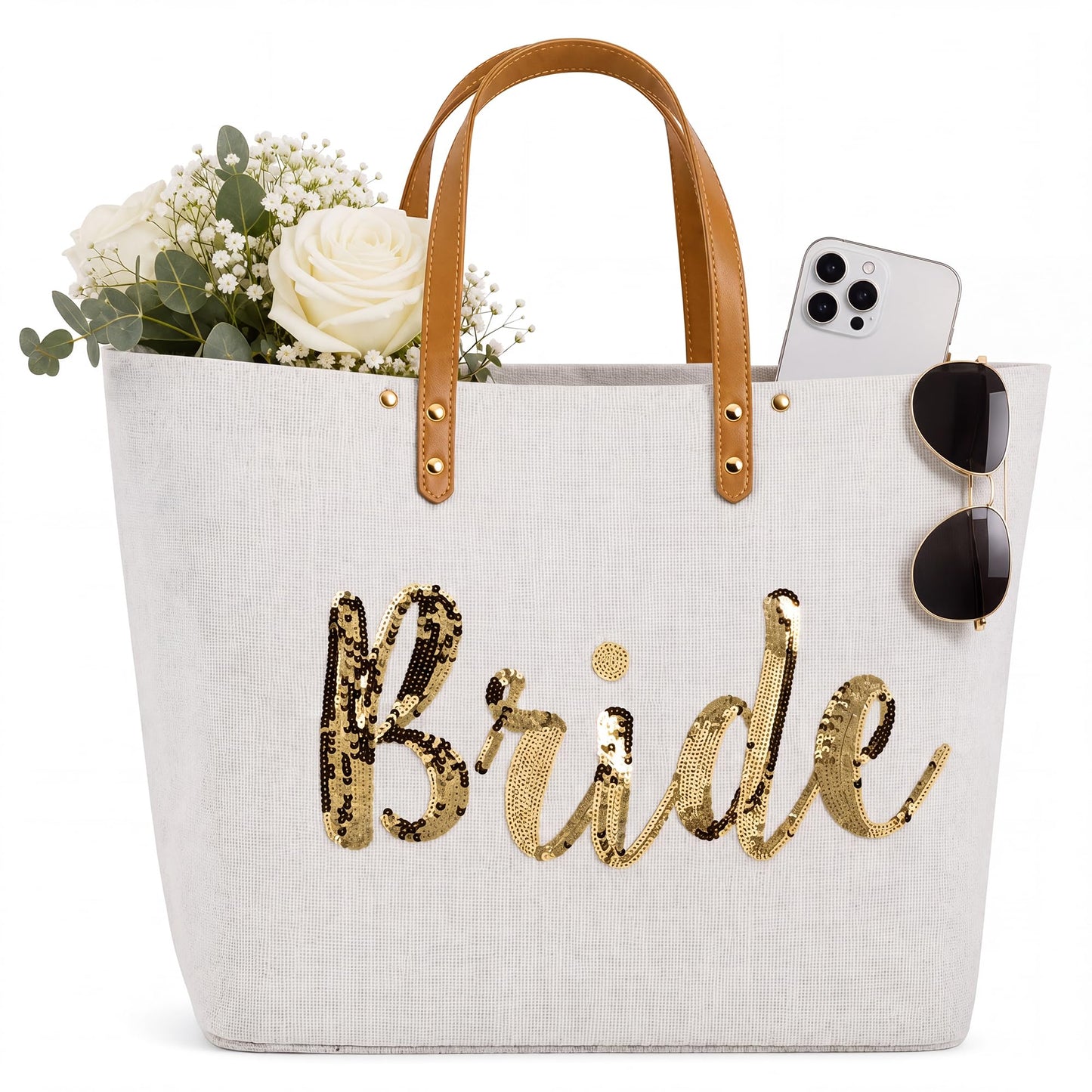 Mud Pie Bride Tote Bag, Bridal Shower Gift with Gold Sequin Script, Bridal Bag With Vegan Leather Handles