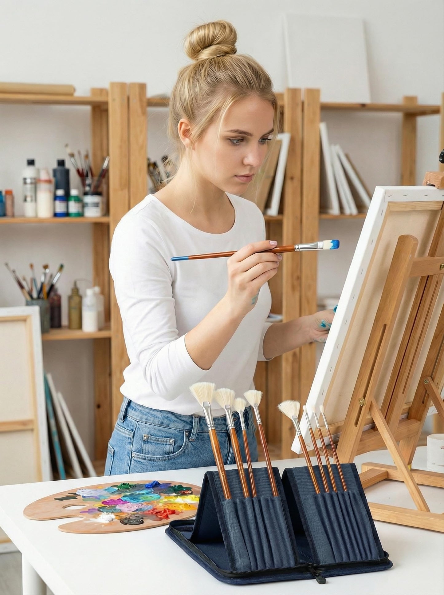 DUGATO Long Canvas Paint Brush Holder Zippered 5.7x14.8 inches, Premium Art Case for Brushes Long Handle up to 13" Length, 15 Slots Storage for Artist (Brush Not Included) - Blue