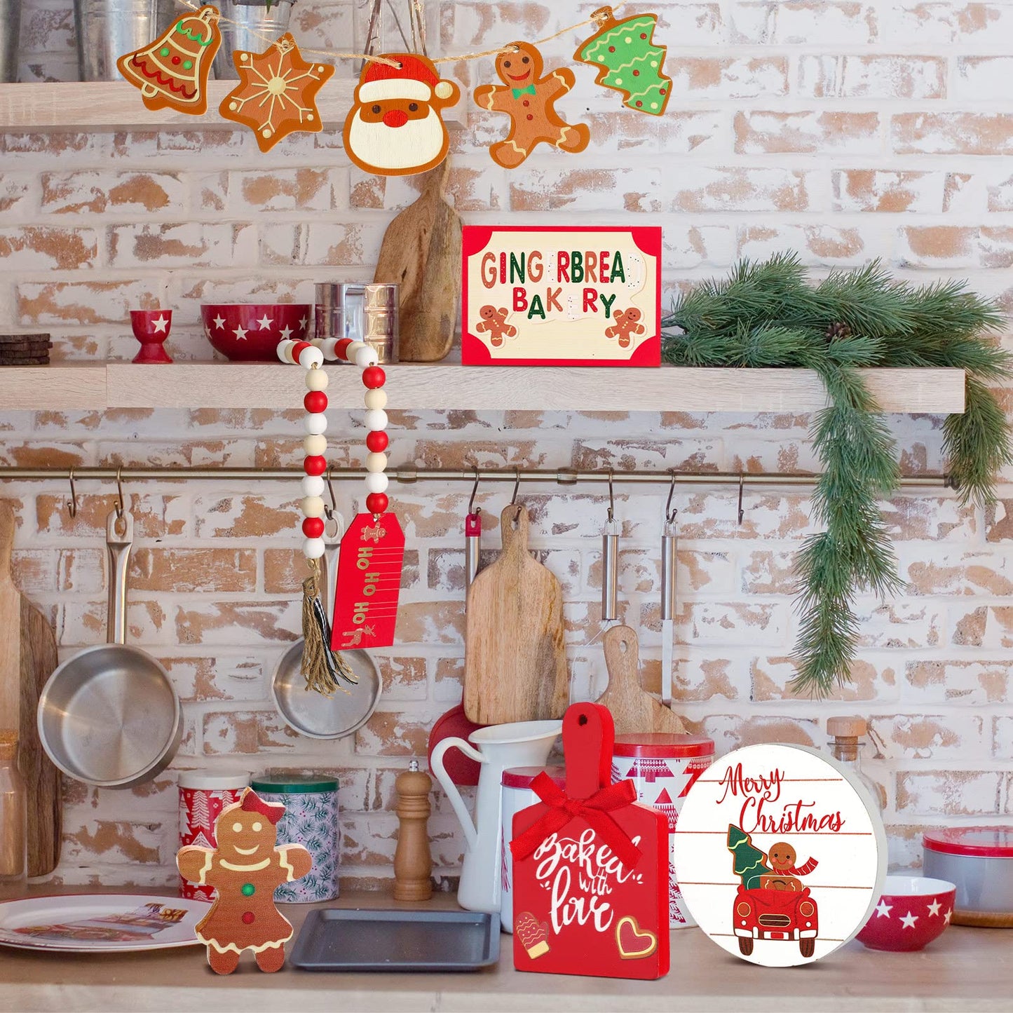 Bucherry 12 Pieces Christmas Gingerbread Tiered Tray Decor, Gingerbread House Xmas Tree Wooden 3D Signs, Winter Rustic Wood Farmhouse Tabletop Decorations for Home Table Shelf Centerpiece