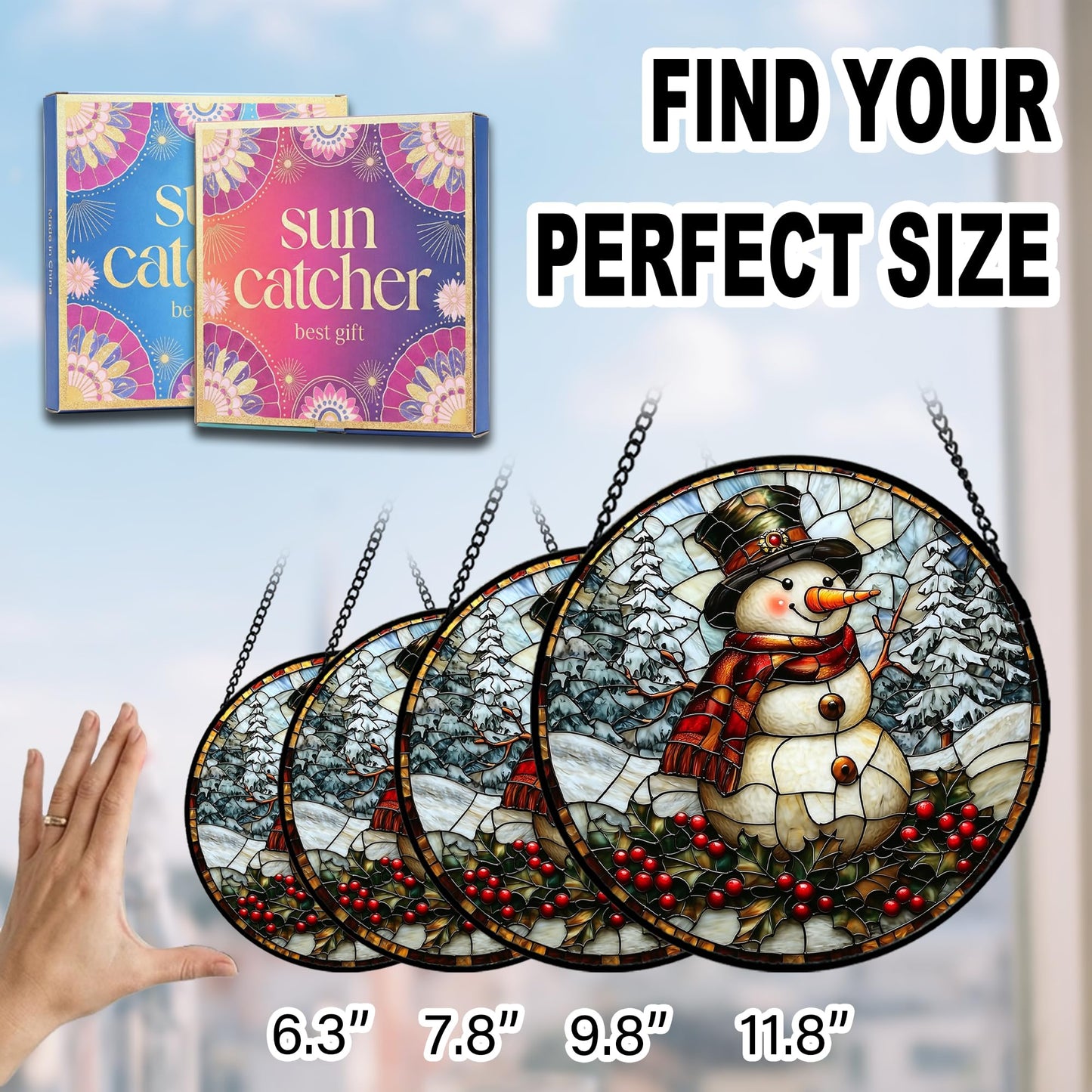 Birthday Gifts for Women - Christmas Snowman Faux Stained Glass Window Hanging Sun Catcher Mother's Day Stocking Stuffers Gift for Mom Nana Friend Grandma Wife and Door Garden Acrylic Decor 7.8"