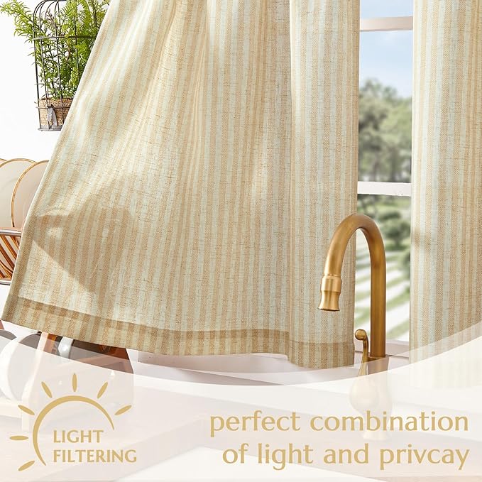 jinchan Striped Linen Kitchen Curtains 45 Inches Length Tier Curtains Farmhouse Modern Cafe Style Small Window Treatments Airy Light Filtering Rod Pocket for Living Room Bathroom 2 Panels Beige