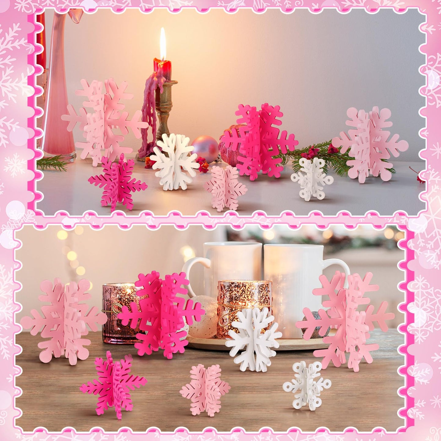 Wenqik 16 Pcs Winter Wooden Snowflake Decor Christmas Winter Snowflake Tabletop Decorations 3D Snow Table Signs Standing Centerpiece Xmas Tiered Tray Decorations for Party(White,Pink)