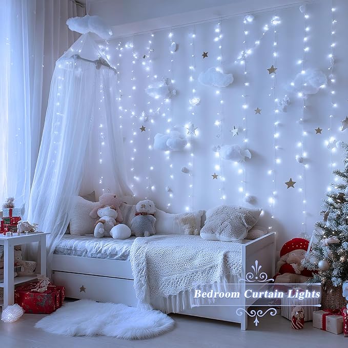 JMEXSUSS 200 LED Fairy Curtain Lights Battery Operated & USB Plug in - Remote Curtain String Lights for Bedroom with 8 Modes, Waterproof Window Lights Outdoor for Backdrop Wedding Party Decor, White