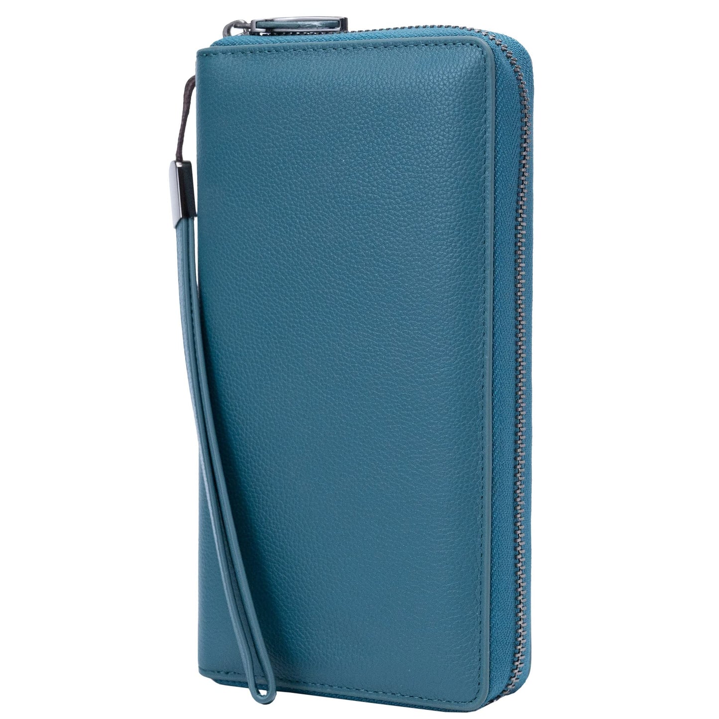 Bveyzi Women RFID Blocking Wallet Leather Zip Around Phone Clutch Large Capacity Ladies Travel Purse Wristlet (Lake Blue)